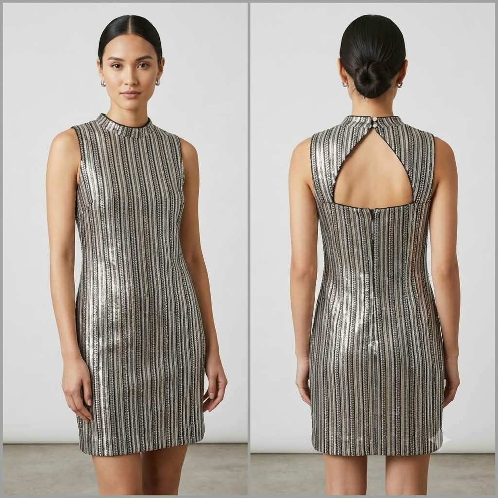 GUESS Women's Size 12 Sequin Shift Dress Black Silver Gold Open Back Cocktail